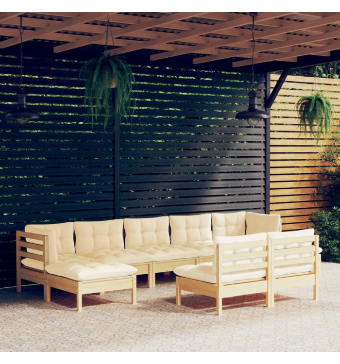 Salon de jardin 9 pcs avec coussins crème bois de pin | Mobilier & Déco