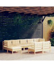 Salon de jardin 9 pcs avec coussins crème bois de pin | Mobilier & Déco
