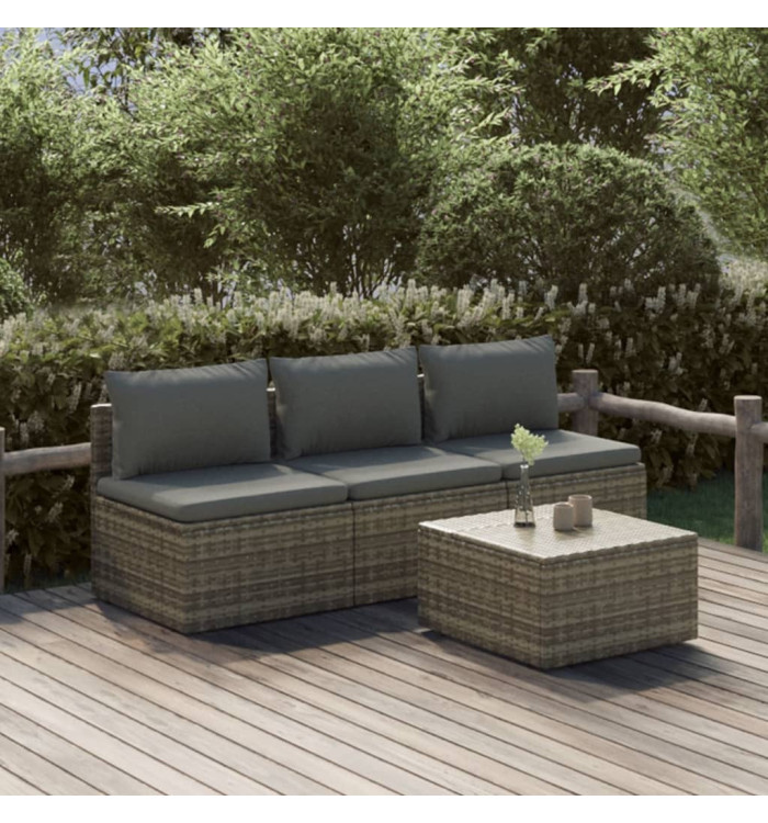 Salon de jardin 4 pcs avec coussins Gris Résine tressée | Mobilier & Déco