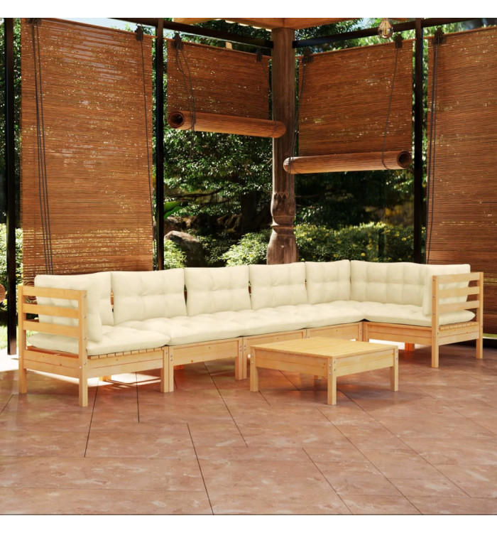 Salon de jardin 7 pcs avec coussins crème bois de pin | Mobilier & Déco