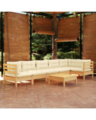 Salon de jardin 7 pcs avec coussins crème bois de pin | Mobilier & Déco