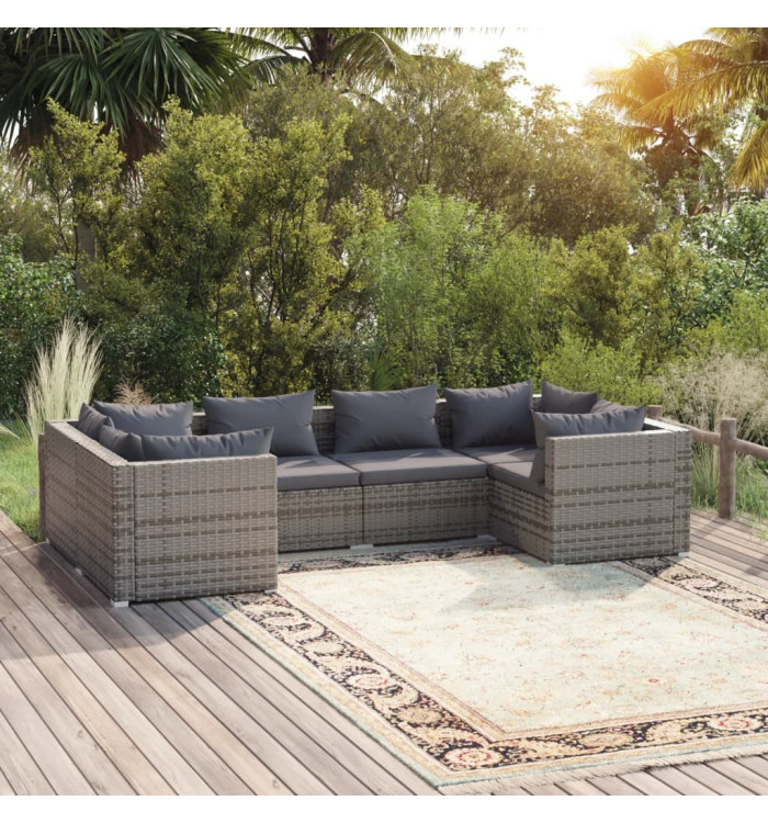 Salon de jardin 6 pcs avec coussins résine tressée gris | Mobilier & Déco