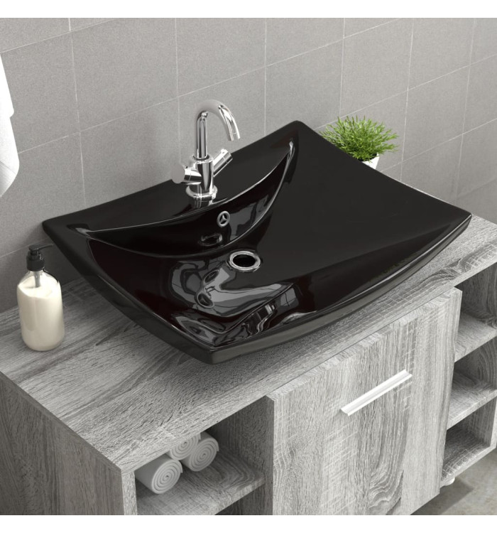 Lavabo rectangulaire en céramique noir de luxe avec trop-plein et trou | Mobilier & Déco