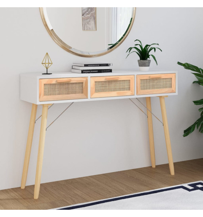 Table console Blanc 105x30x75 cm Bois massif pin /rotin naturel | Mobilier & Déco