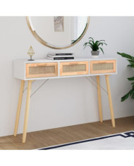 Table console Blanc 105x30x75 cm Bois massif pin /rotin naturel | Mobilier & Déco