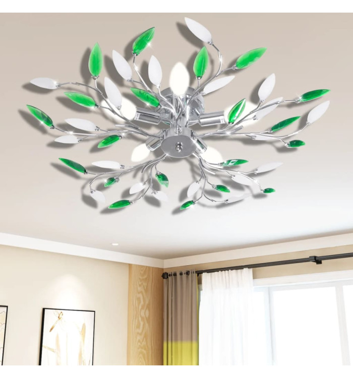 Lampe plafond verte et blanche avec bras crystal pour 5 Ampoules E14 | Mobilier & Déco