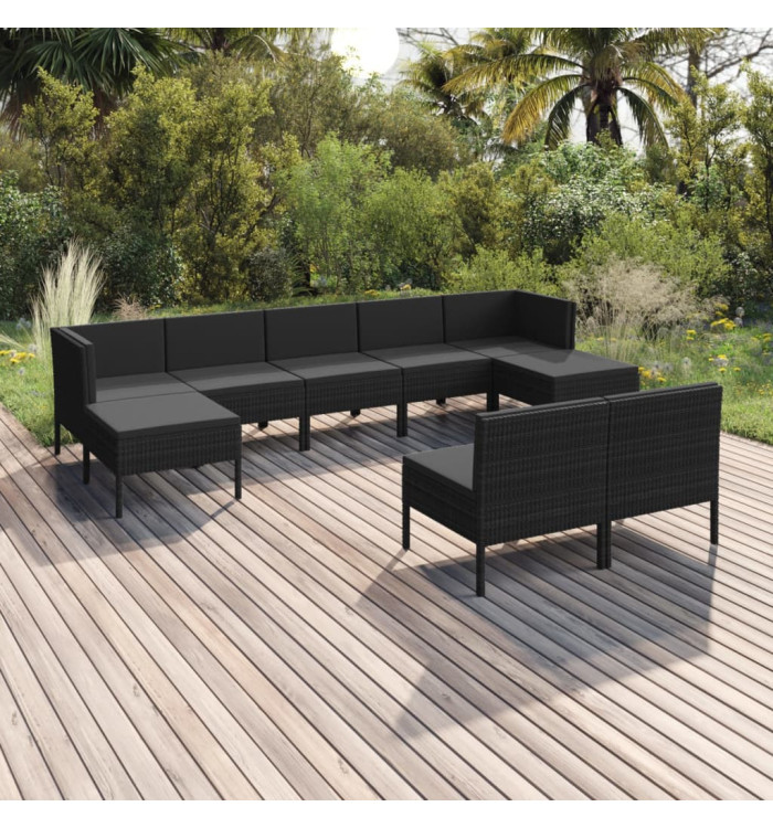 Salon de jardin 9 pcs avec coussins Résine tressée Noir | Mobilier & Déco