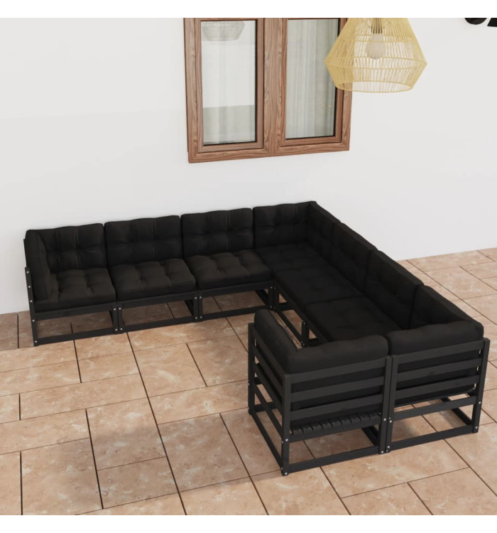 Salon de jardin 8 pcs avec coussins Noir Bois de pin massif | Mobilier & Déco