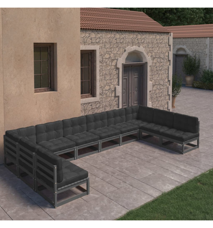 Salon de jardin 10 pcs avec coussins Noir Bois de pin massif | Mobilier & Déco