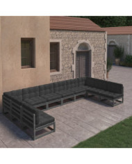 Salon de jardin 10 pcs avec coussins Noir Bois de pin massif | Mobilier & Déco