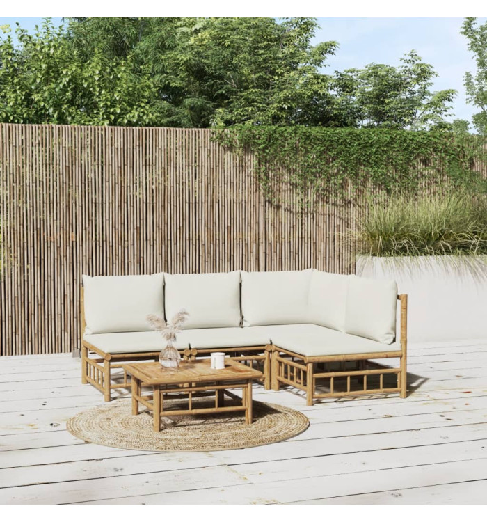 Salon de jardin 5 pcs avec coussins blanc crème bambou | Mobilier & Déco