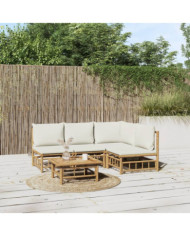 Salon de jardin 5 pcs avec coussins blanc crème bambou | Mobilier & Déco