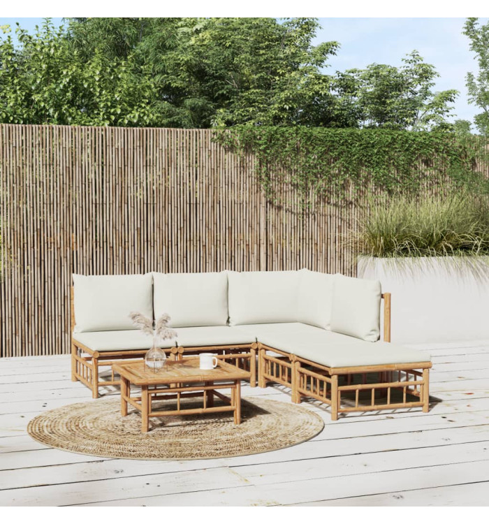 Salon de jardin 6 pcs avec coussins blanc crème bambou | Mobilier & Déco