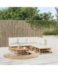 Salon de jardin 6 pcs avec coussins blanc crème bambou | Mobilier & Déco