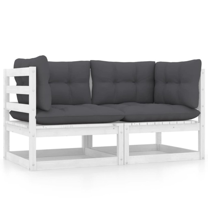Canapé 2 places de jardin et coussins Blanc Bois de pin massif | Mobilier & Déco