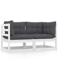 Canapé 2 places de jardin et coussins Blanc Bois de pin massif | Mobilier & Déco