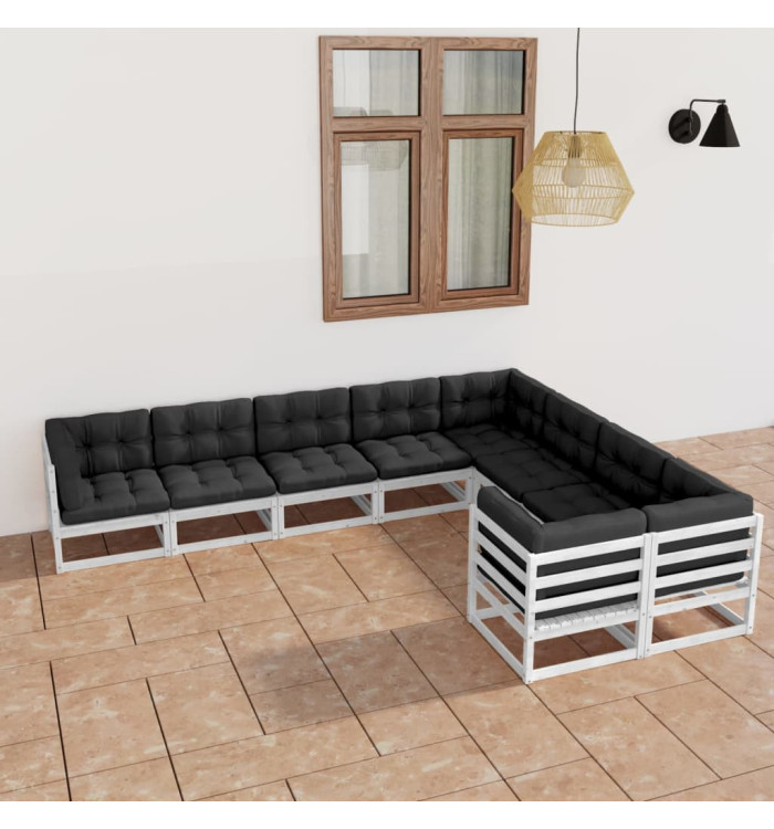 Salon de jardin 9 pcs avec coussins Blanc Bois de pin massif | Mobilier & Déco