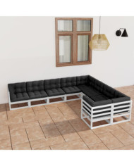 Salon de jardin 9 pcs avec coussins Blanc Bois de pin massif | Mobilier & Déco