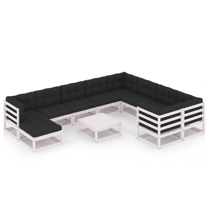Salon de jardin 11 pcs avec coussins Blanc Bois de pin massif | Mobilier & Déco