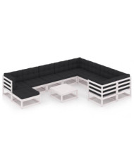 Salon de jardin 11 pcs avec coussins Blanc Bois de pin massif | Mobilier & Déco