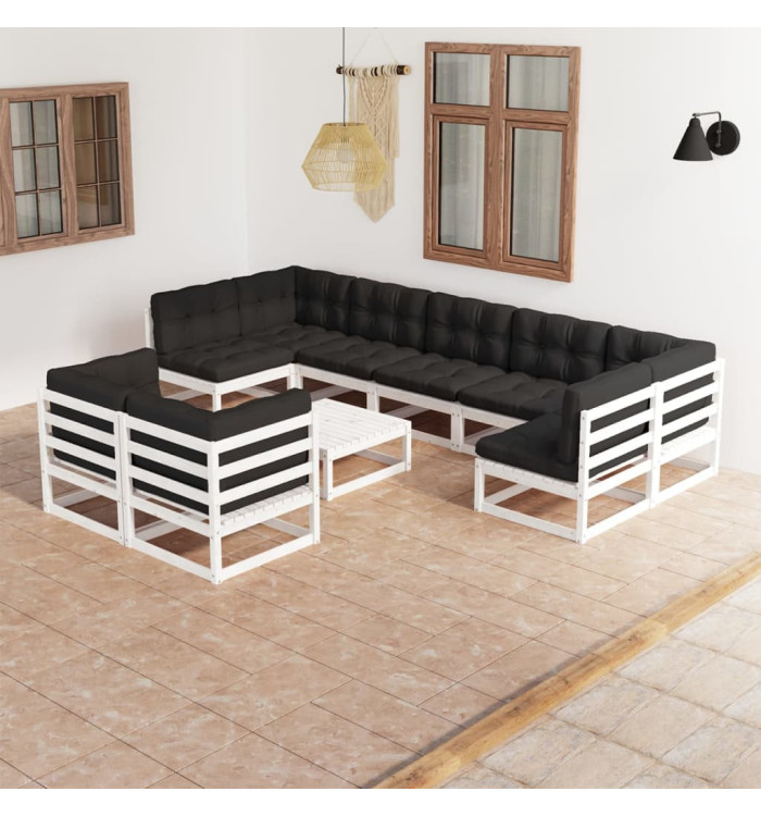 Salon de jardin 10 pcs avec coussins Blanc Bois de pin massif | Mobilier & Déco