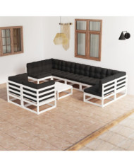 Salon de jardin 10 pcs avec coussins Blanc Bois de pin massif | Mobilier & Déco
