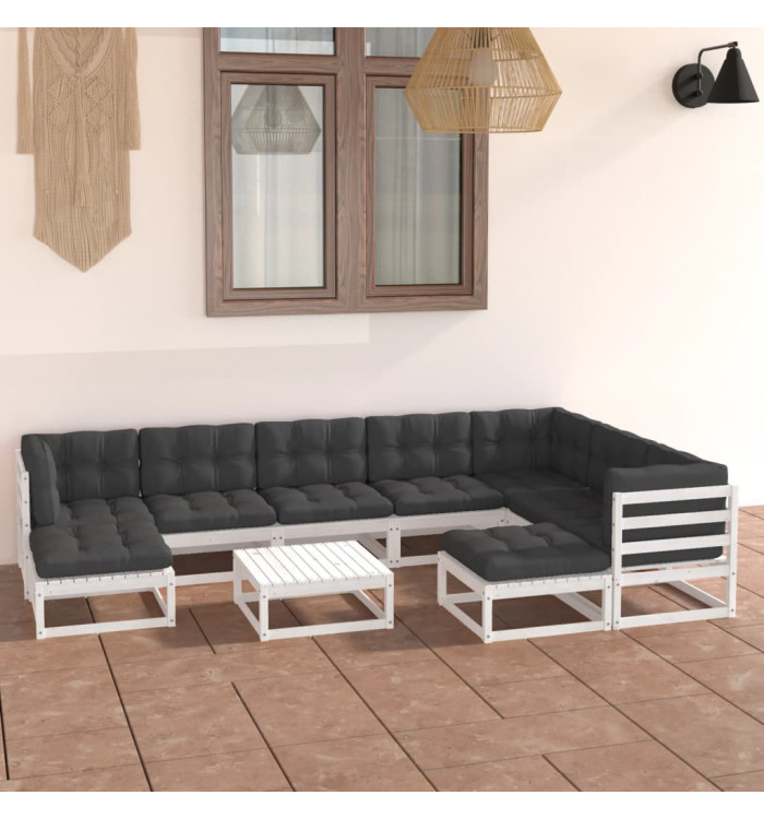 Salon de jardin 10 pcs avec coussins Blanc Bois de pin massif | Mobilier & Déco