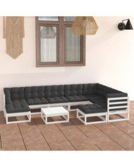 Salon de jardin 10 pcs avec coussins Blanc Bois de pin massif | Mobilier & Déco