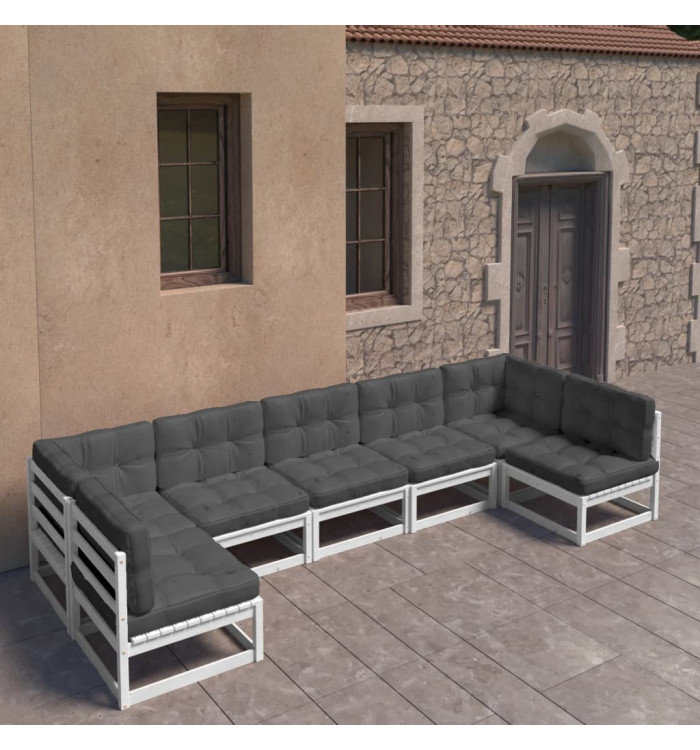 Salon de jardin 7 pcs avec coussins blanc bois de pin massif | Mobilier & Déco