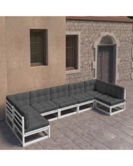 Salon de jardin 7 pcs avec coussins blanc bois de pin massif | Mobilier & Déco