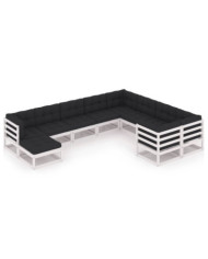 Salon de jardin 10 pcs avec coussins Blanc Bois de pin massif | Mobilier & Déco