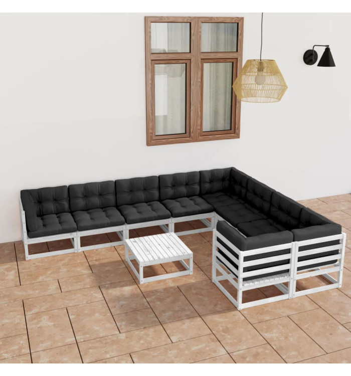 Salon de jardin 10 pcs avec coussins Blanc Bois de pin massif | Mobilier & Déco