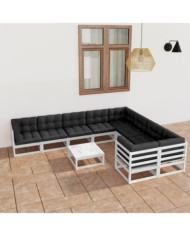 Salon de jardin 10 pcs avec coussins Blanc Bois de pin massif | Mobilier & Déco