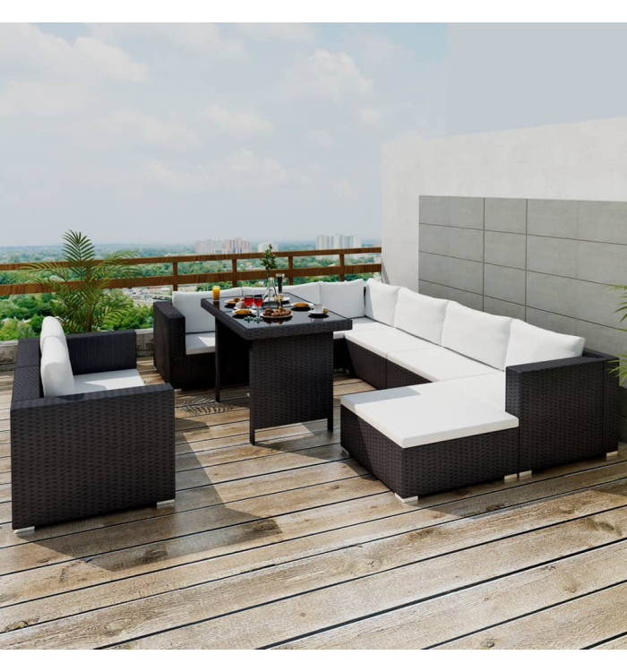 Salon de jardin 10 pcs avec coussins Résine tressée Noir | Mobilier & Déco