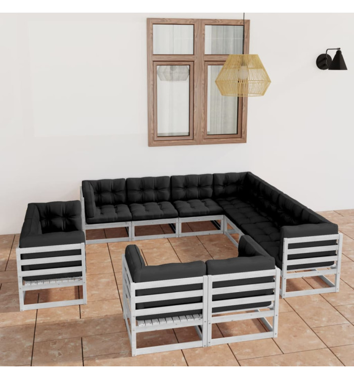 Salon de jardin 11 pcs avec coussins Blanc Bois de pin massif | Mobilier & Déco