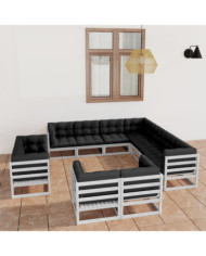 Salon de jardin 11 pcs avec coussins Blanc Bois de pin massif | Mobilier & Déco