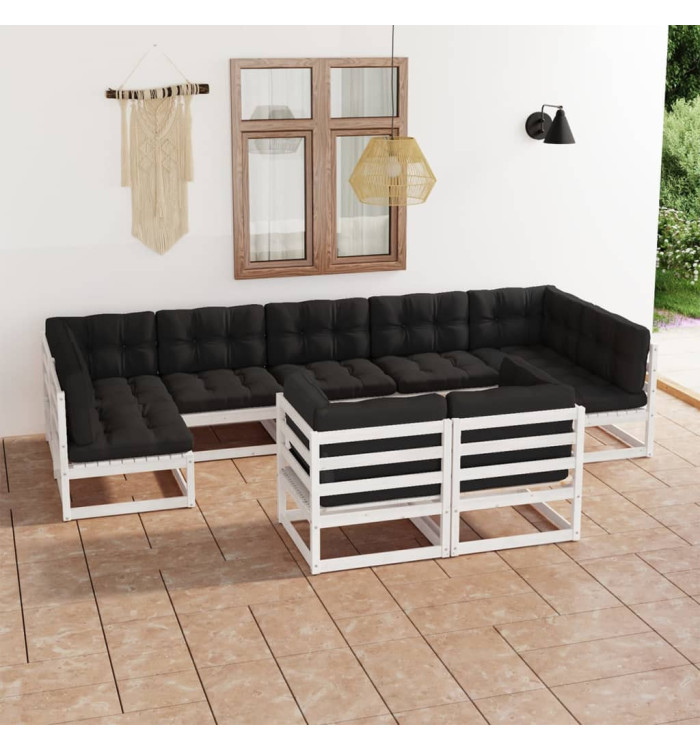 Salon de jardin 9 pcs avec coussins Blanc Bois de pin massif | Mobilier & Déco
