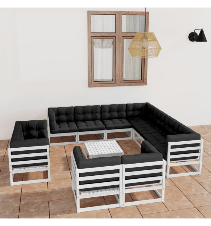 Salon de jardin 12 pcs avec coussins Blanc Bois de pin massif | Mobilier & Déco
