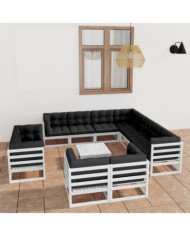 Salon de jardin 12 pcs avec coussins Blanc Bois de pin massif | Mobilier & Déco