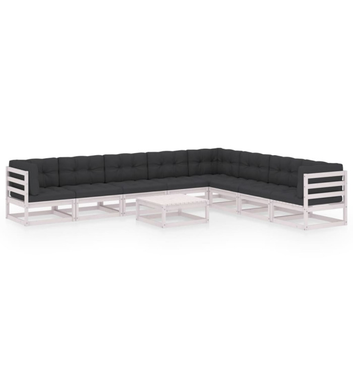 Salon de jardin 9 pcs avec coussins Blanc Bois de pin massif | Mobilier & Déco