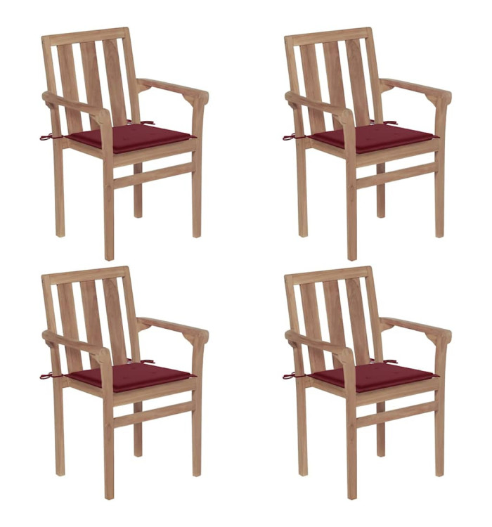 Chaises de jardin empilables avec coussins lot de 4 Teck solide | Mobilier & Déco