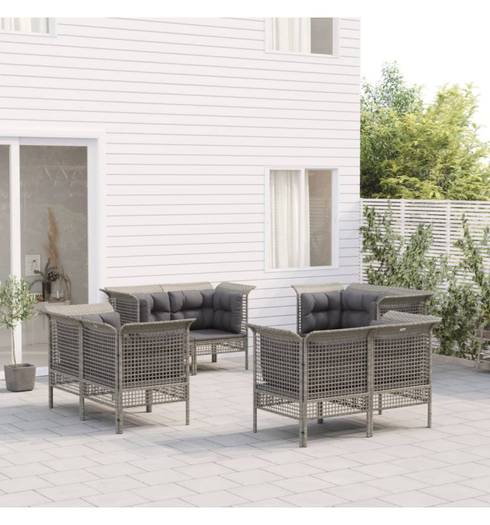 Salon de jardin 8 pcs avec coussins Gris Résine tressée | Mobilier & Déco