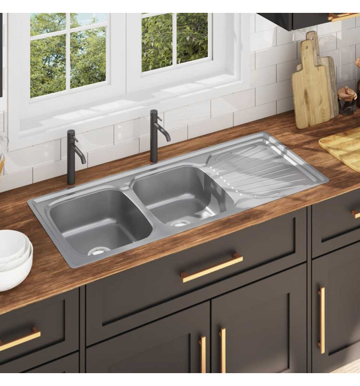Évier double de cuisine avec crépine et piège Acier inoxydable | Mobilier & Déco