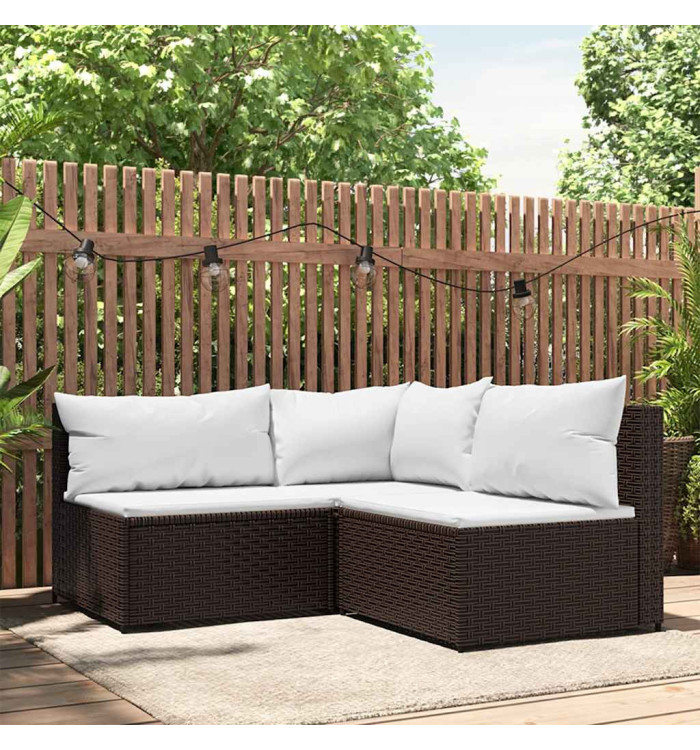 Salon de jardin 3 pcs avec coussins marron résine tressée | Mobilier & Déco