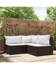 Salon de jardin 3 pcs avec coussins marron résine tressée | Mobilier & Déco