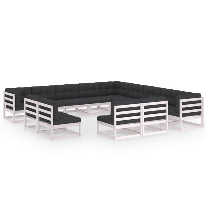 Salon de jardin 13 pcs avec coussins Blanc Bois de pin massif | Mobilier & Déco