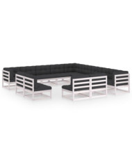 Salon de jardin 13 pcs avec coussins Blanc Bois de pin massif | Mobilier & Déco