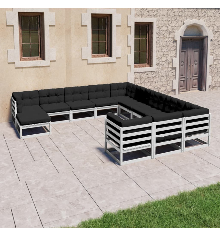 Salon de jardin 12 pcs avec coussins Blanc Bois de pin massif | Mobilier & Déco