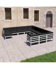 Salon de jardin 12 pcs avec coussins Blanc Bois de pin massif | Mobilier & Déco