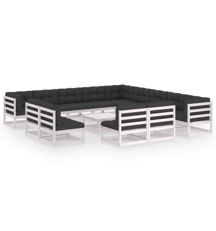 Salon de jardin 14 pcs avec coussins Blanc Bois de pin massif | Mobilier & Déco